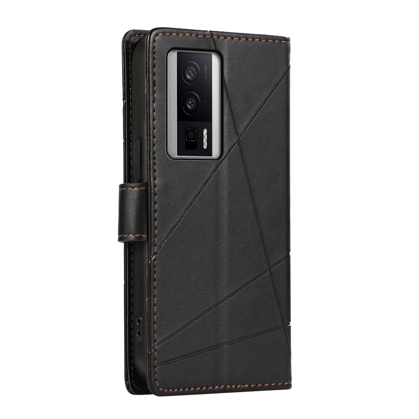 Xiaomi Redmi K60 PU Genuine Leather Texture Embossed Line Phone Case with Card Wallet, Kickstand & Wrist Strap
