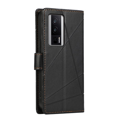 Xiaomi Redmi K60 PU Genuine Leather Texture Embossed Line Phone Case with Card Wallet, Kickstand & Wrist Strap