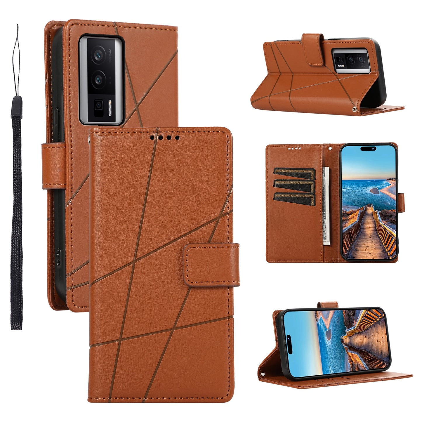 Xiaomi Redmi K60 PU Genuine Leather Texture Embossed Line Phone Case with Card Wallet, Kickstand & Wrist Strap