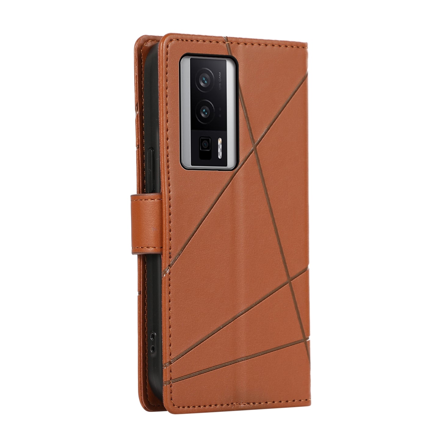 Xiaomi Redmi K60 PU Genuine Leather Texture Embossed Line Phone Case with Card Wallet, Kickstand & Wrist Strap
