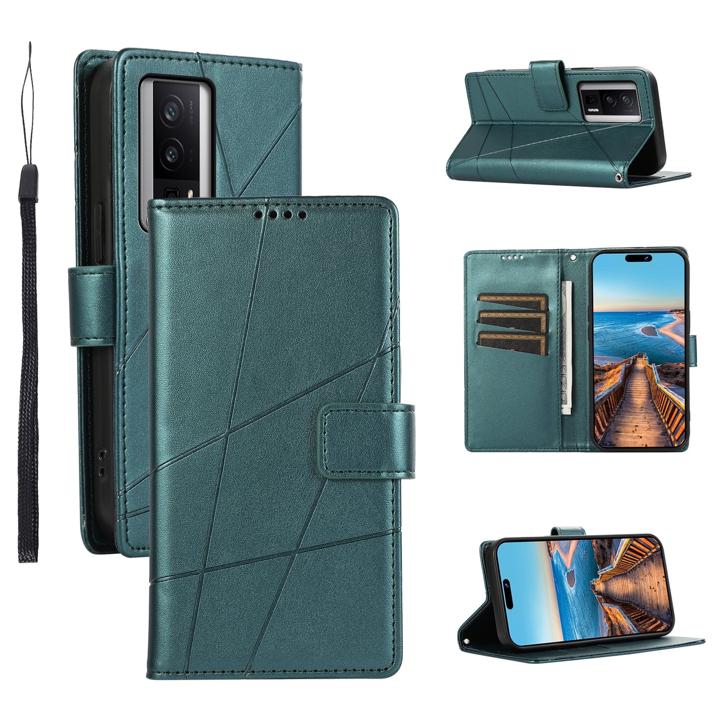 Xiaomi Redmi K60 PU Genuine Leather Texture Embossed Line Phone Case with Card Wallet, Kickstand & Wrist Strap