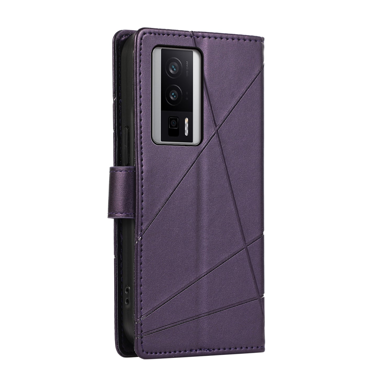 Xiaomi Redmi K60 PU Genuine Leather Texture Embossed Line Phone Case with Card Wallet, Kickstand & Wrist Strap