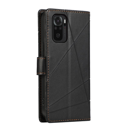 Xiaomi Redmi Note 10 4G PU Genuine Leather Texture Embossed Line Phone Case with Card Wallet, Kickstand & Wrist Strap