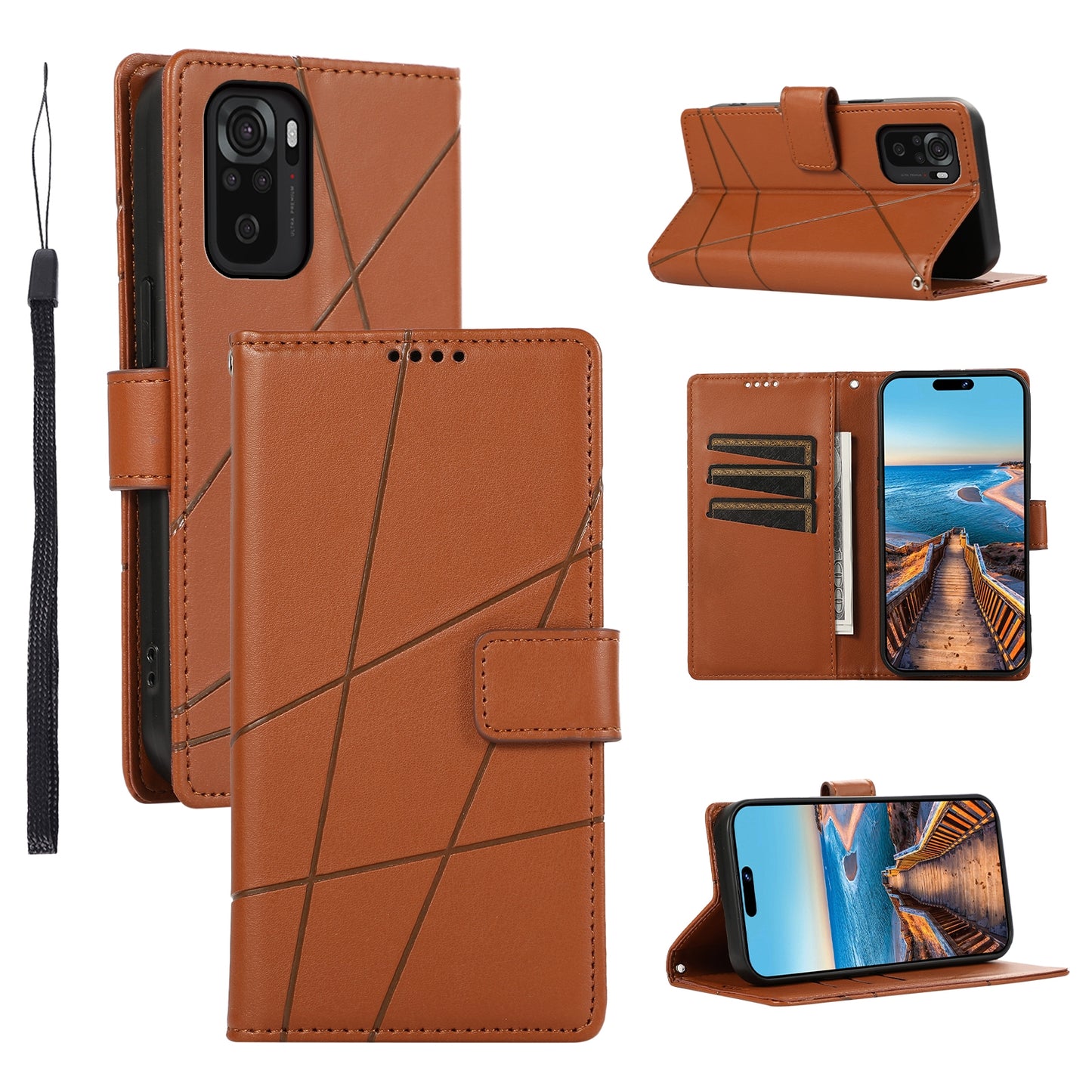 Xiaomi Redmi Note 10 4G PU Genuine Leather Texture Embossed Line Phone Case with Card Wallet, Kickstand & Wrist Strap