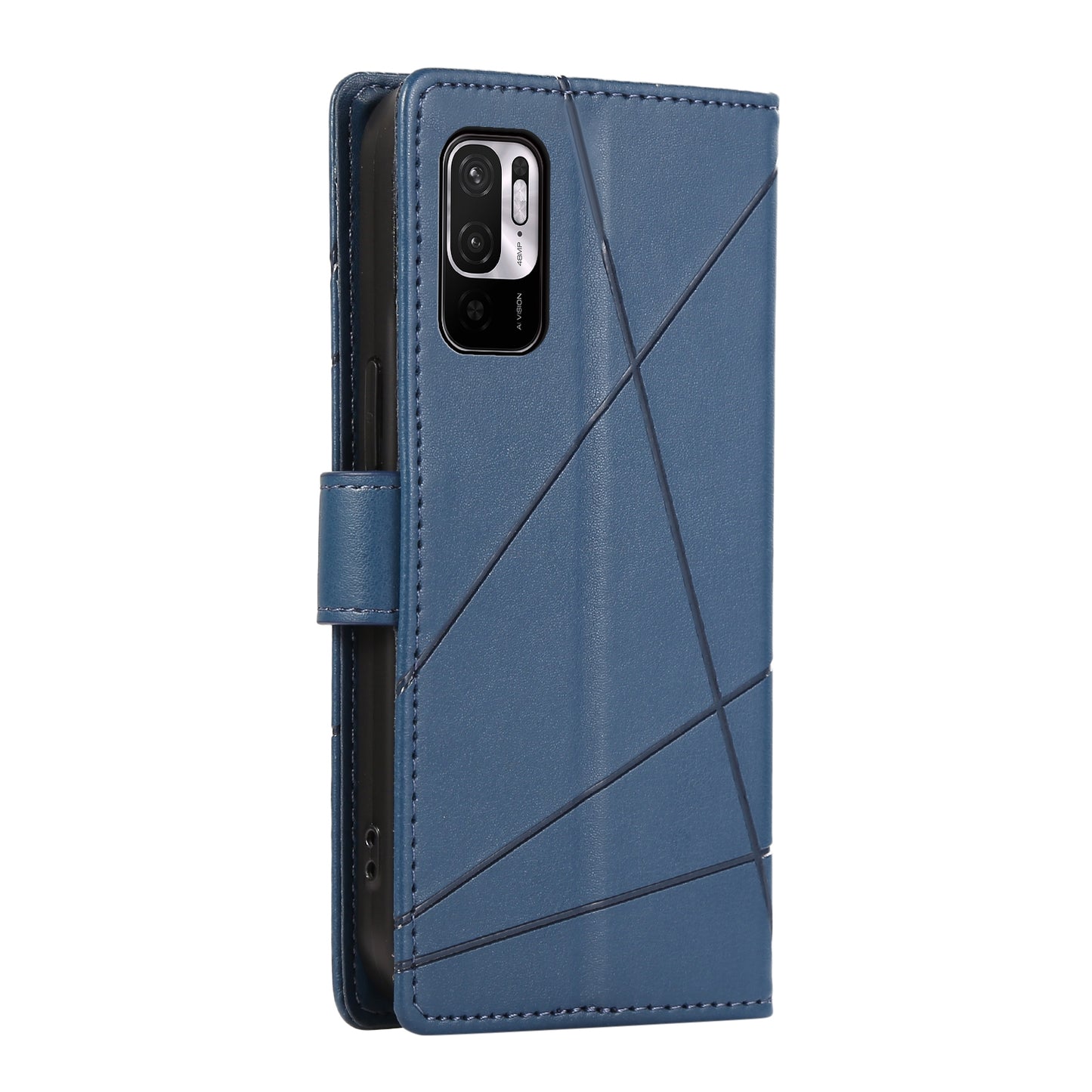 Xiaomi Redmi Note 10 5G PU Genuine Leather Texture Embossed Line Phone Case with Card Wallet, Kickstand & Wrist Strap