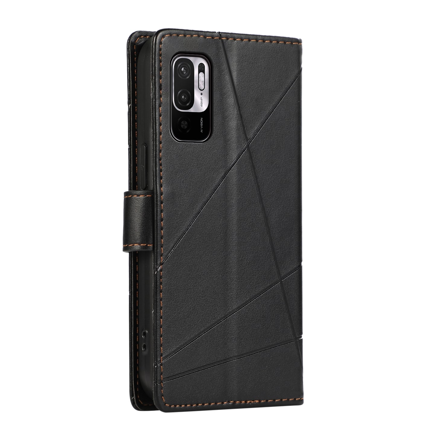 Xiaomi Redmi Note 10 5G PU Genuine Leather Texture Embossed Line Phone Case with Card Wallet, Kickstand & Wrist Strap