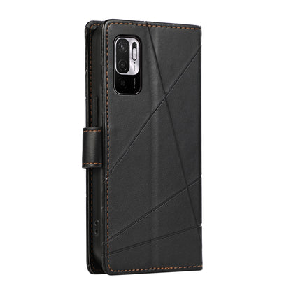Xiaomi Redmi Note 10 5G PU Genuine Leather Texture Embossed Line Phone Case with Card Wallet, Kickstand & Wrist Strap