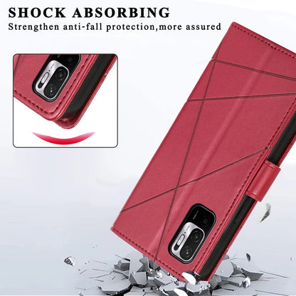 Xiaomi Redmi Note 10 5G PU Genuine Leather Texture Embossed Line Phone Case with Card Wallet, Kickstand & Wrist Strap