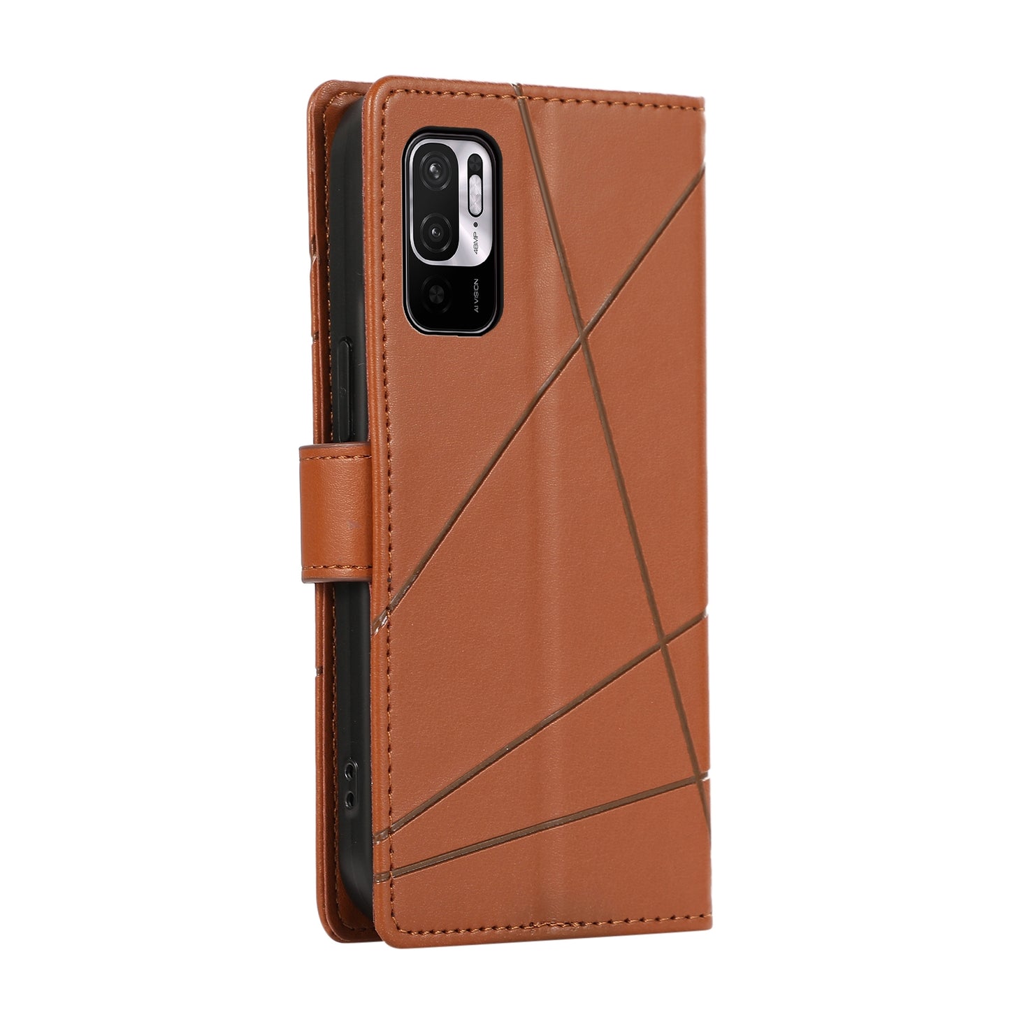 Xiaomi Redmi Note 10 5G PU Genuine Leather Texture Embossed Line Phone Case with Card Wallet, Kickstand & Wrist Strap