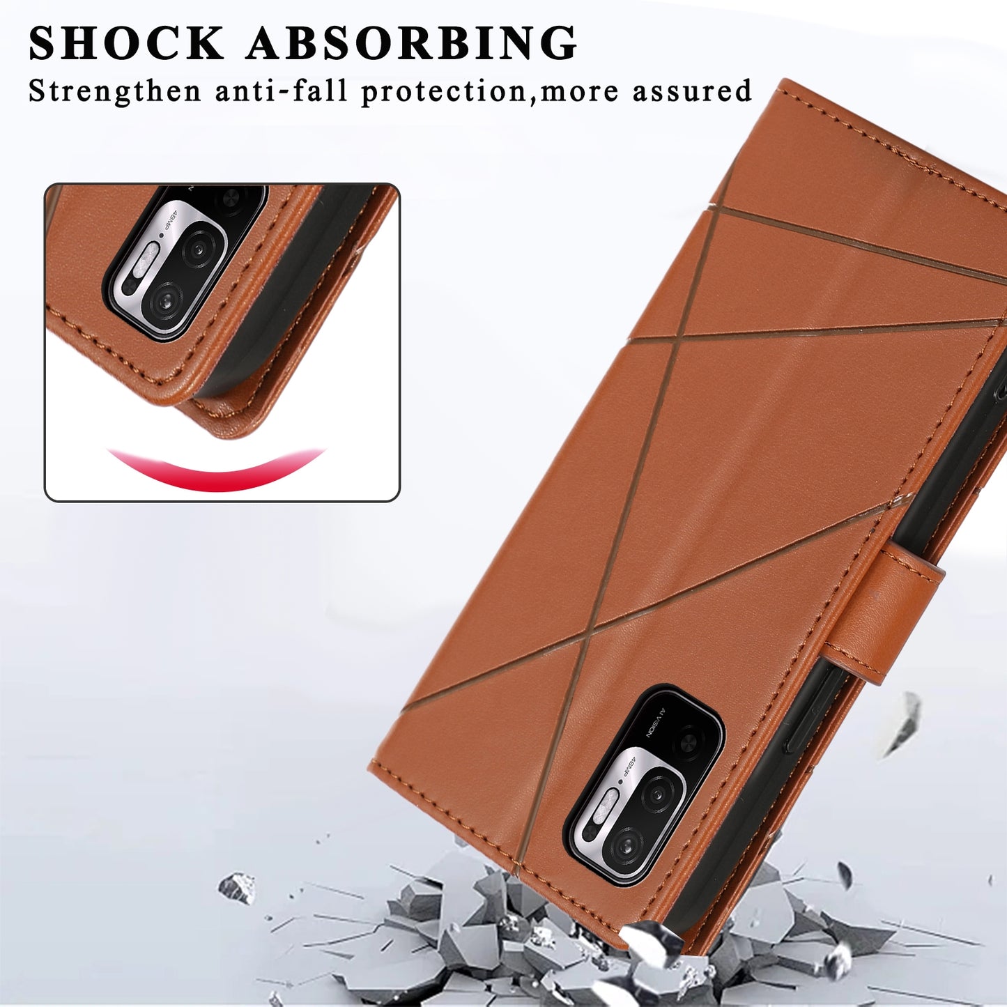 Xiaomi Redmi Note 10 5G PU Genuine Leather Texture Embossed Line Phone Case with Card Wallet, Kickstand & Wrist Strap