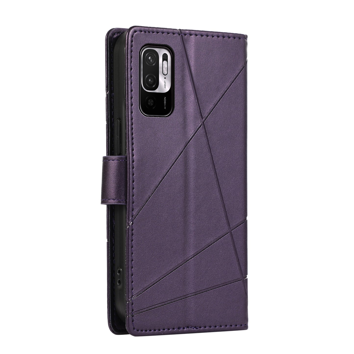 Xiaomi Redmi Note 10 5G PU Genuine Leather Texture Embossed Line Phone Case with Card Wallet, Kickstand & Wrist Strap