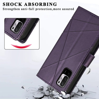 Xiaomi Redmi Note 10 5G PU Genuine Leather Texture Embossed Line Phone Case with Card Wallet, Kickstand & Wrist Strap