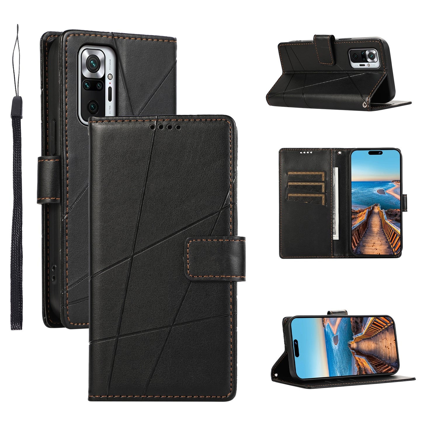 Xiaomi Redmi Note 10 Pro 4G PU Genuine Leather Texture Embossed Line Phone Case with Card Wallet, Kickstand & Wrist Strap