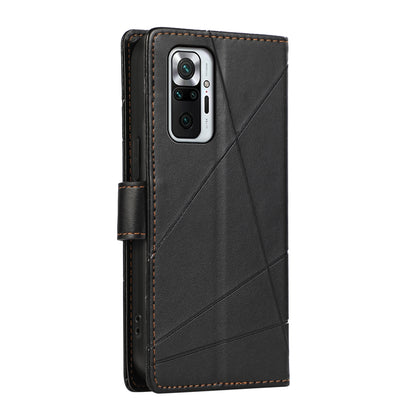 Xiaomi Redmi Note 10 Pro 4G PU Genuine Leather Texture Embossed Line Phone Case with Card Wallet, Kickstand & Wrist Strap
