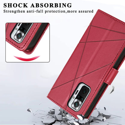 Xiaomi Redmi Note 10 Pro 4G PU Genuine Leather Texture Embossed Line Phone Case with Card Wallet, Kickstand & Wrist Strap
