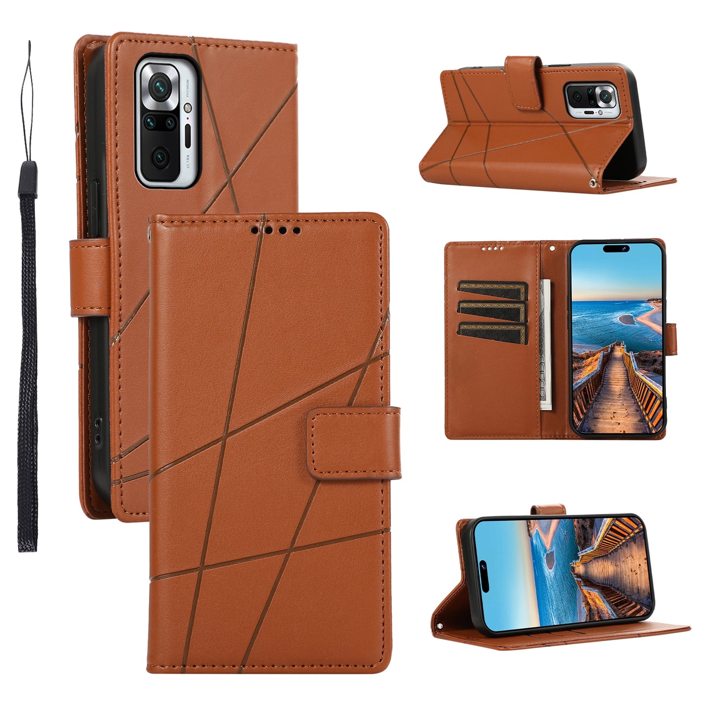 Xiaomi Redmi Note 10 Pro 4G PU Genuine Leather Texture Embossed Line Phone Case with Card Wallet, Kickstand & Wrist Strap