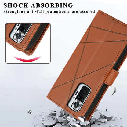Xiaomi Redmi Note 10 Pro 4G PU Genuine Leather Texture Embossed Line Phone Case with Card Wallet, Kickstand & Wrist Strap