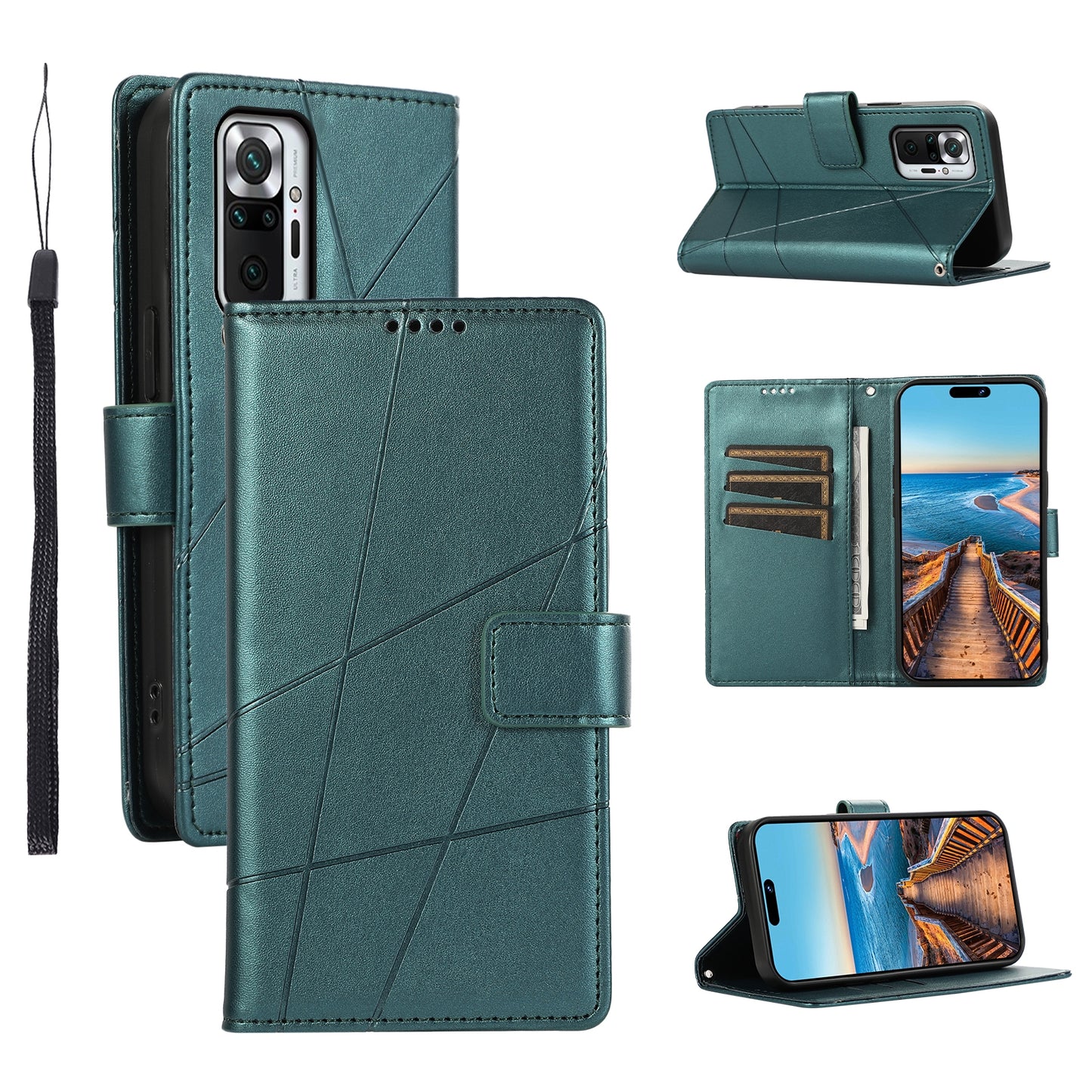 Xiaomi Redmi Note 10 Pro 4G PU Genuine Leather Texture Embossed Line Phone Case with Card Wallet, Kickstand & Wrist Strap