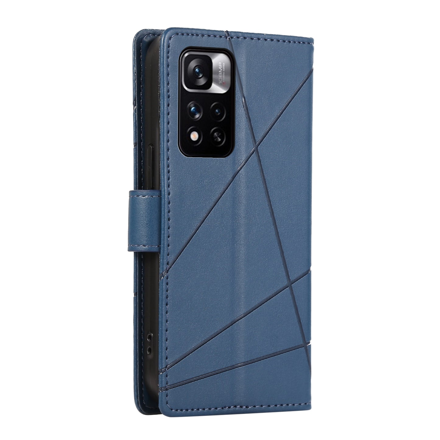 Xiaomi Redmi Note 11 Pro+ 5G PU Genuine Leather Texture Embossed Line Phone Case with Card Wallet, Kickstand & Wrist Strap