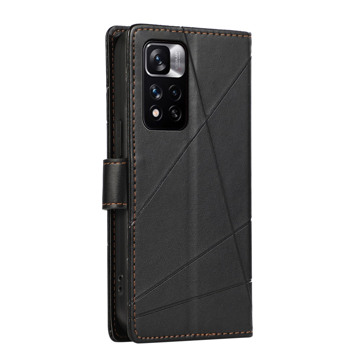 Xiaomi Redmi Note 11 Pro+ 5G PU Genuine Leather Texture Embossed Line Phone Case with Card Wallet, Kickstand & Wrist Strap