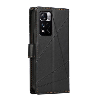 Xiaomi Redmi Note 11 Pro+ 5G PU Genuine Leather Texture Embossed Line Phone Case with Card Wallet, Kickstand & Wrist Strap