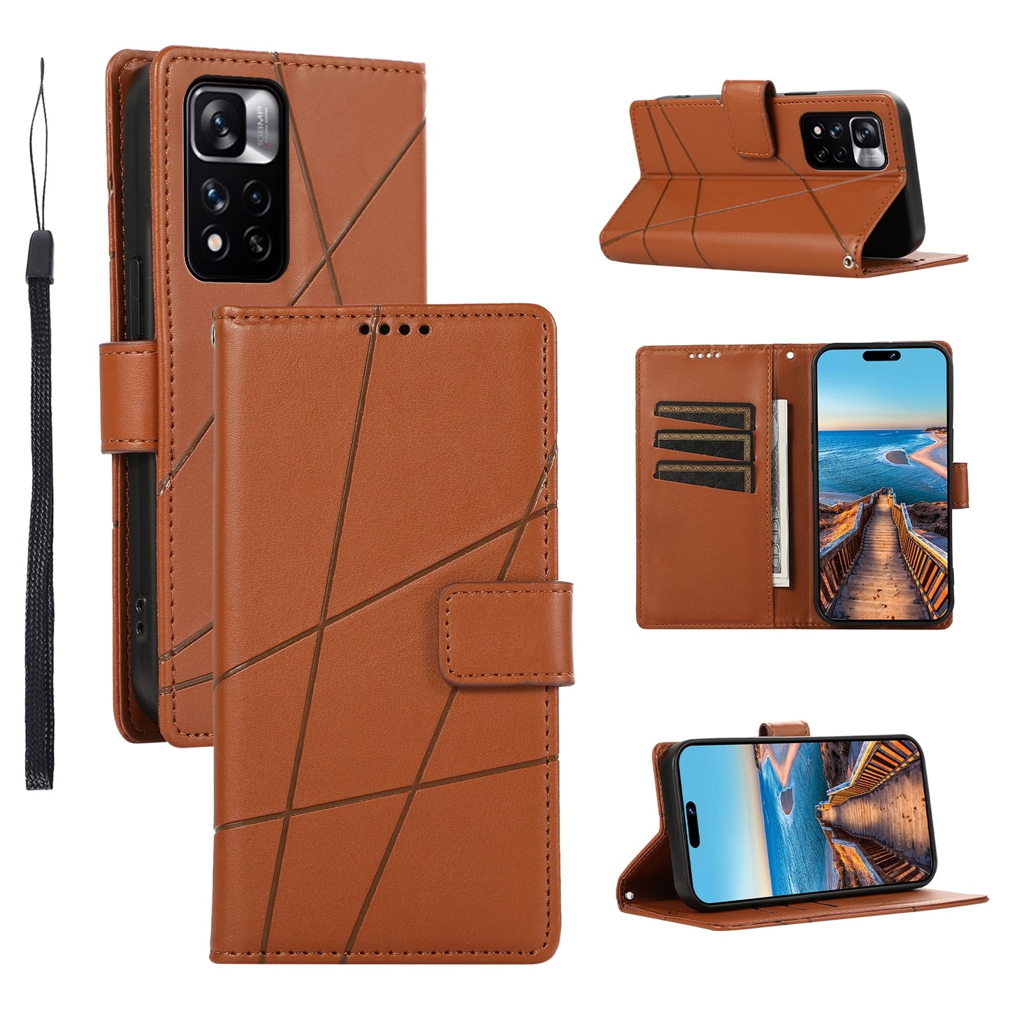 Xiaomi Redmi Note 11 Pro+ 5G PU Genuine Leather Texture Embossed Line Phone Case with Card Wallet, Kickstand & Wrist Strap