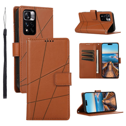 Xiaomi Redmi Note 11 Pro+ 5G PU Genuine Leather Texture Embossed Line Phone Case with Card Wallet, Kickstand & Wrist Strap