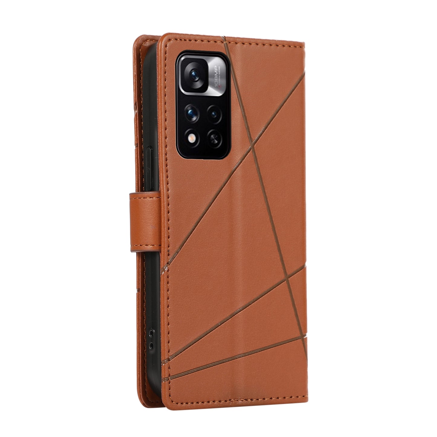 Xiaomi Redmi Note 11 Pro+ 5G PU Genuine Leather Texture Embossed Line Phone Case with Card Wallet, Kickstand & Wrist Strap