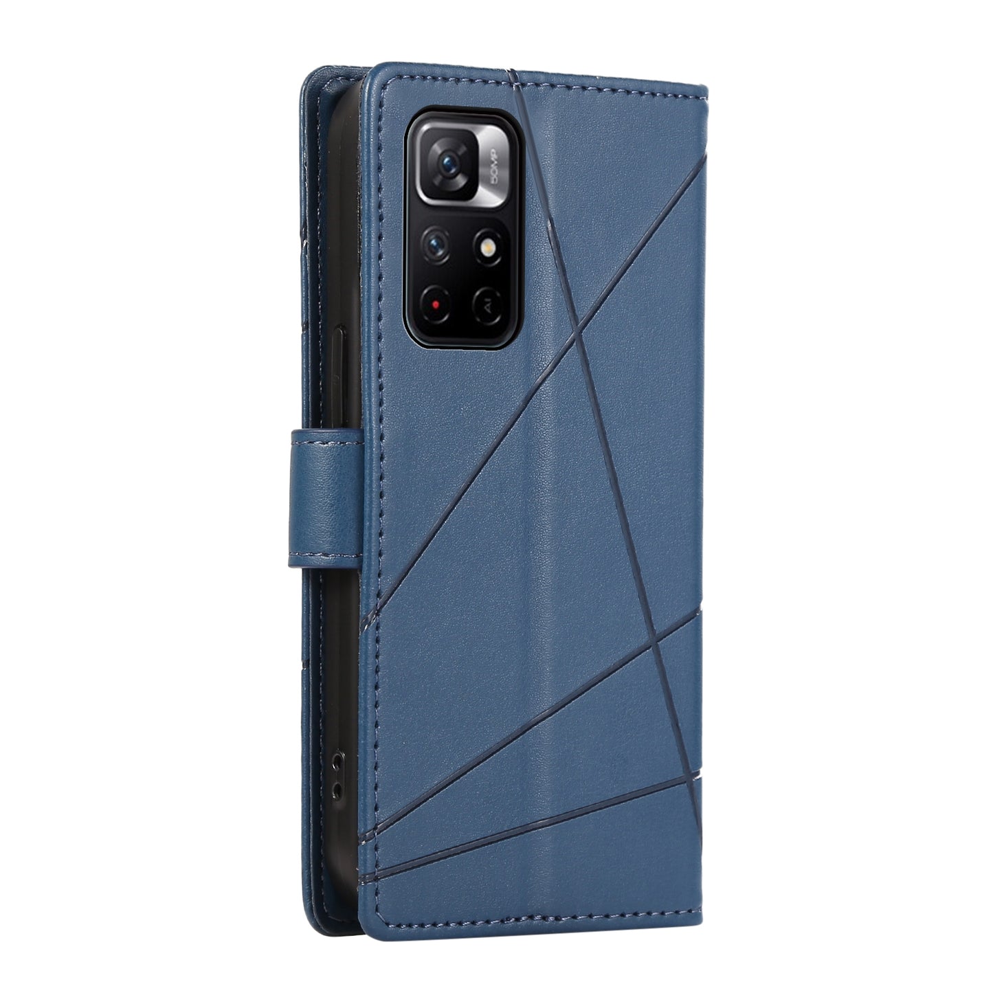 Xiaomi Redmi Note 11 5G PU Genuine Leather Texture Embossed Line Phone Case with Card Wallet, Kickstand & Wrist Strap