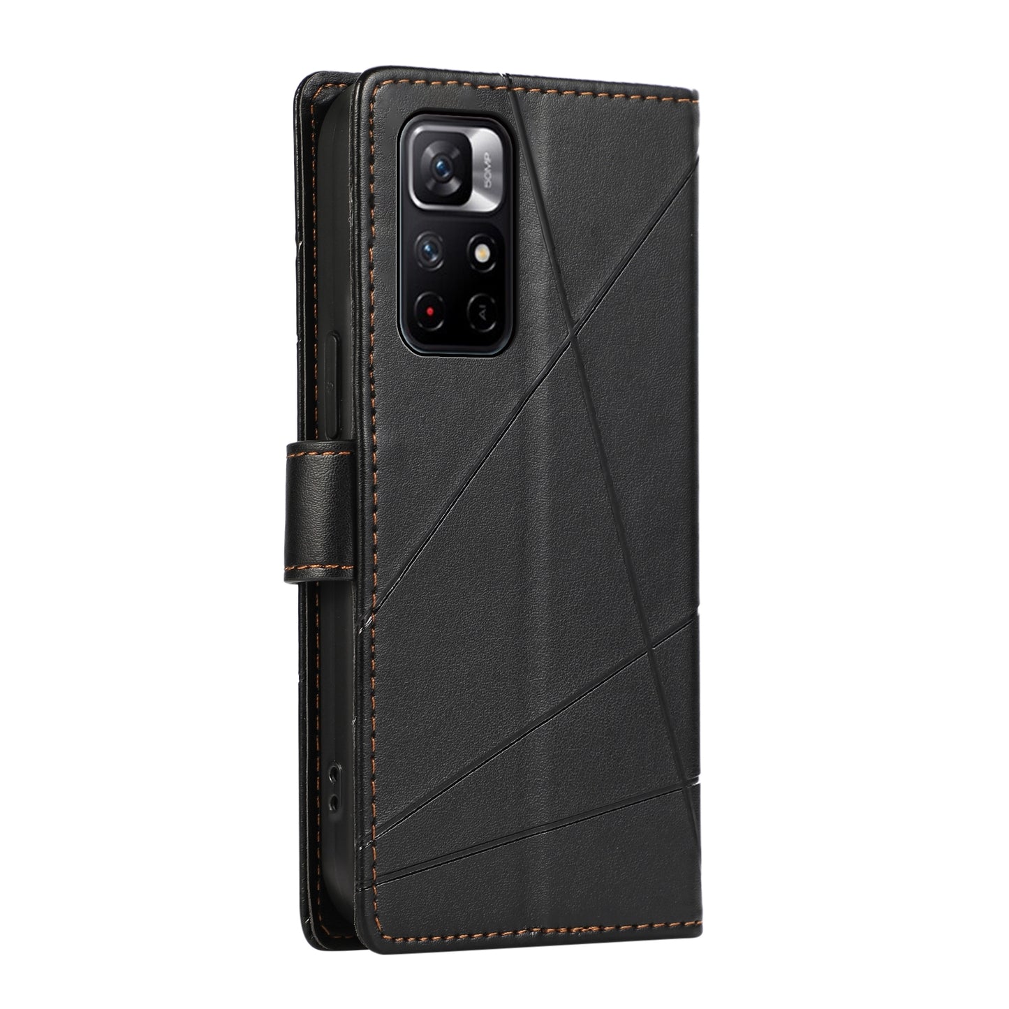 Xiaomi Redmi Note 11 5G PU Genuine Leather Texture Embossed Line Phone Case with Card Wallet, Kickstand & Wrist Strap