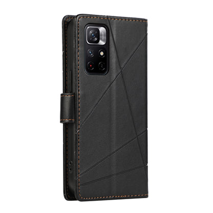 Xiaomi Redmi Note 11 5G PU Genuine Leather Texture Embossed Line Phone Case with Card Wallet, Kickstand & Wrist Strap