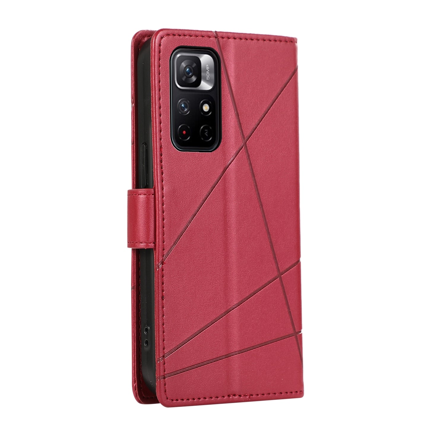 Xiaomi Redmi Note 11 5G PU Genuine Leather Texture Embossed Line Phone Case with Card Wallet, Kickstand & Wrist Strap