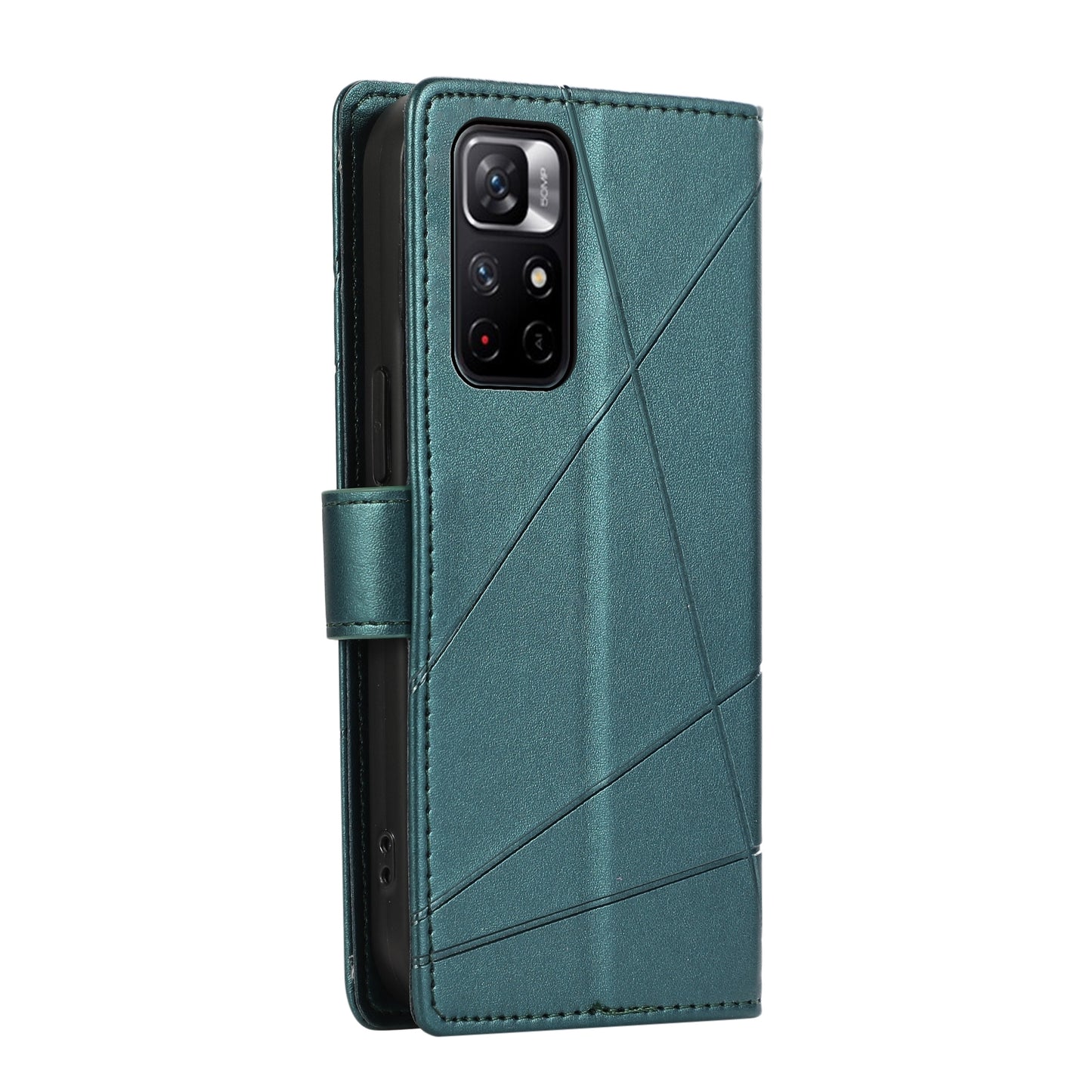 Xiaomi Redmi Note 11 5G PU Genuine Leather Texture Embossed Line Phone Case with Card Wallet, Kickstand & Wrist Strap