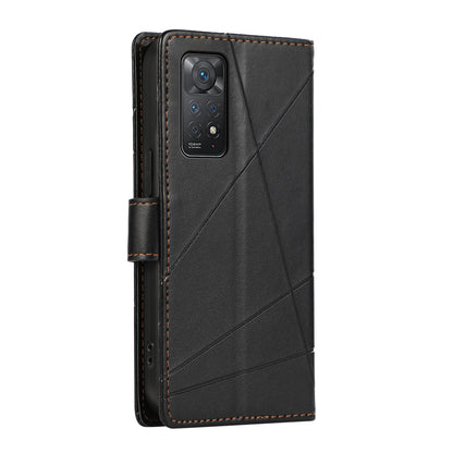 Xiaomi Redmi Note 11 Pro 4G PU Genuine Leather Texture Embossed Line Phone Case with Card Wallet, Kickstand & Wrist Strap