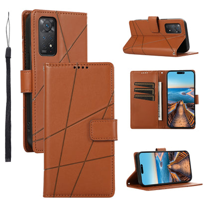 Xiaomi Redmi Note 11 Pro 4G PU Genuine Leather Texture Embossed Line Phone Case with Card Wallet, Kickstand & Wrist Strap