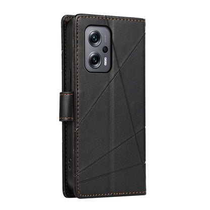 Xiaomi Redmi Note 11T Pro PU Genuine Leather Texture Embossed Line Phone Case with Card Wallet, Kickstand & Wrist Strap