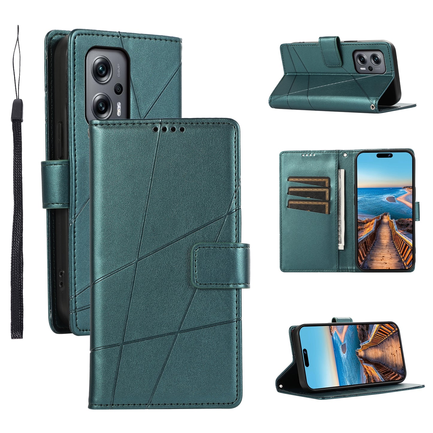 Xiaomi Redmi Note 11T Pro PU Genuine Leather Texture Embossed Line Phone Case with Card Wallet, Kickstand & Wrist Strap