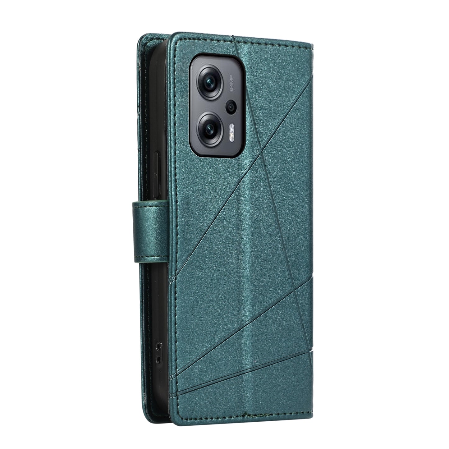 Xiaomi Redmi Note 11T Pro PU Genuine Leather Texture Embossed Line Phone Case with Card Wallet, Kickstand & Wrist Strap