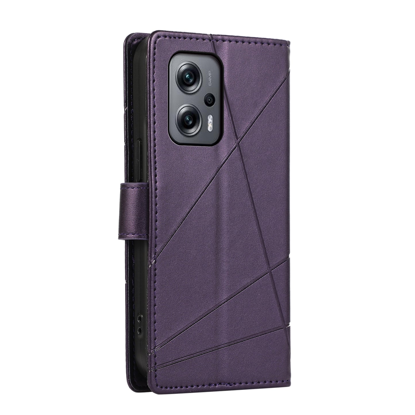 Xiaomi Redmi Note 11T Pro PU Genuine Leather Texture Embossed Line Phone Case with Card Wallet, Kickstand & Wrist Strap