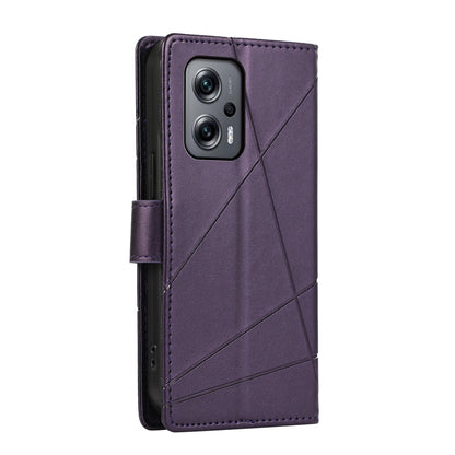 Xiaomi Redmi Note 11T Pro PU Genuine Leather Texture Embossed Line Phone Case with Card Wallet, Kickstand & Wrist Strap