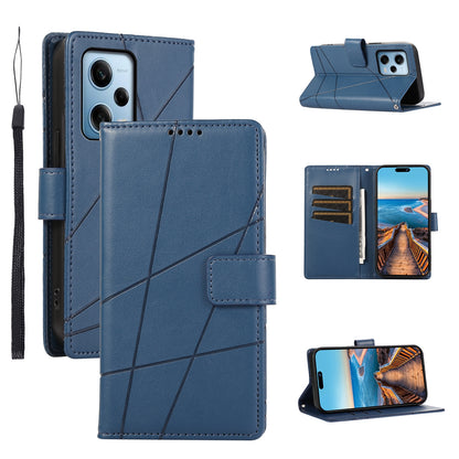 Xiaomi Redmi Note 12 Pro 5G PU Genuine Leather Texture Embossed Line Phone Case with Card Wallet, Kickstand & Wrist Strap