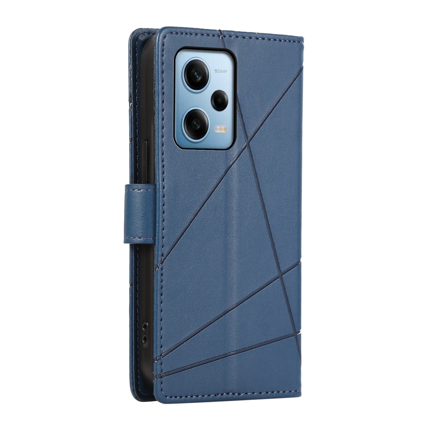 Xiaomi Redmi Note 12 Pro 5G PU Genuine Leather Texture Embossed Line Phone Case with Card Wallet, Kickstand & Wrist Strap