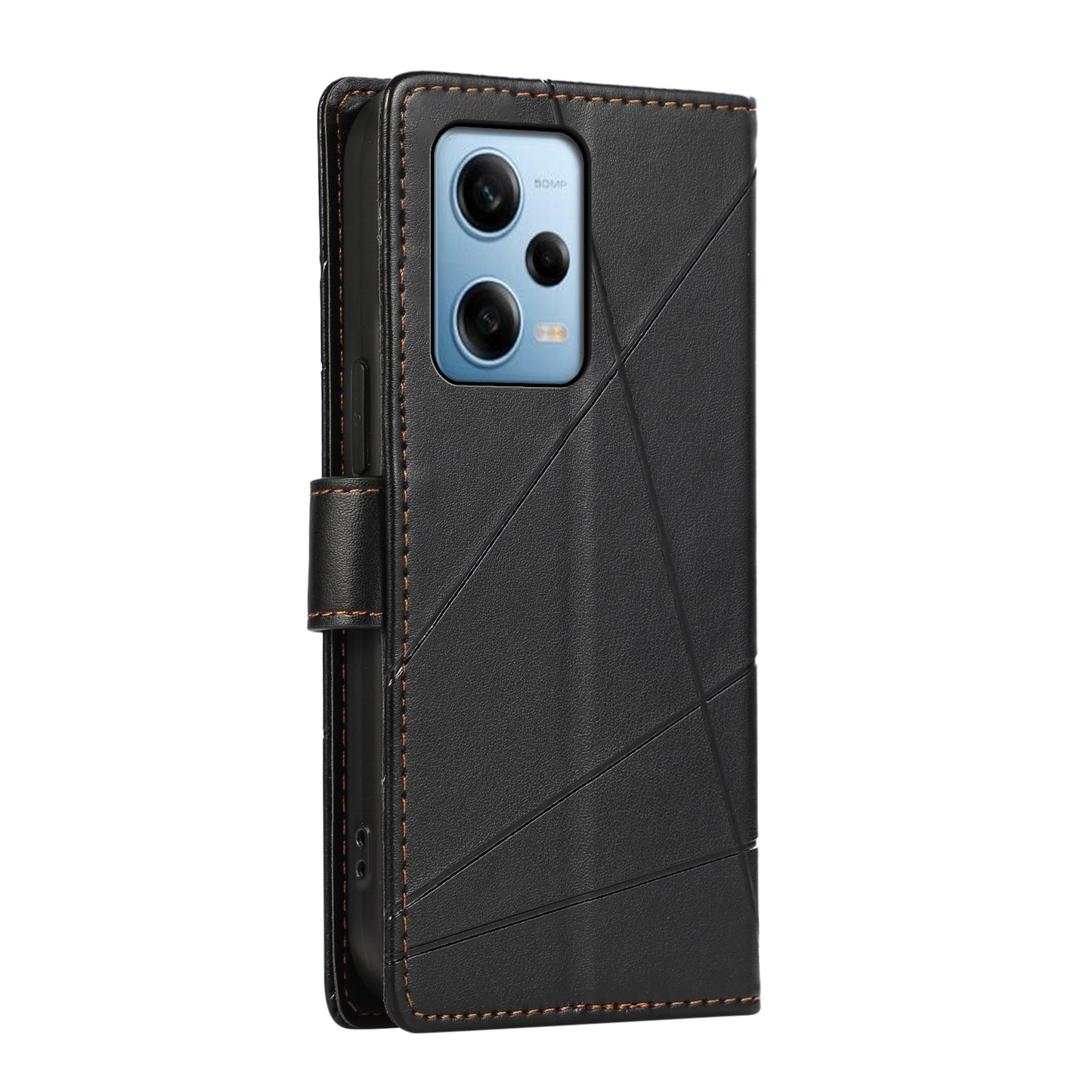 Xiaomi Redmi Note 12 Pro 5G PU Genuine Leather Texture Embossed Line Phone Case with Card Wallet, Kickstand & Wrist Strap