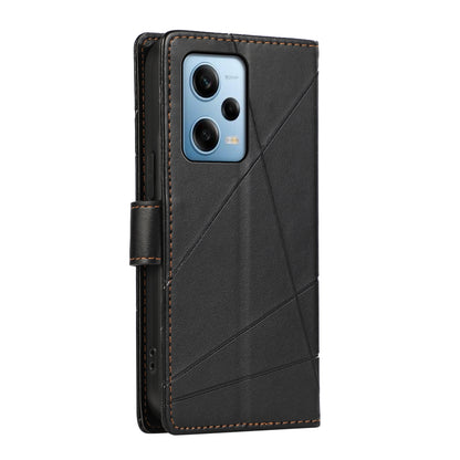 Xiaomi Redmi Note 12 Pro 5G PU Genuine Leather Texture Embossed Line Phone Case with Card Wallet, Kickstand & Wrist Strap