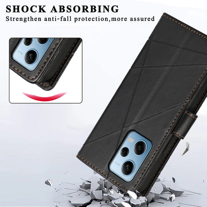 Xiaomi Redmi Note 12 Pro 5G PU Genuine Leather Texture Embossed Line Phone Case with Card Wallet, Kickstand & Wrist Strap