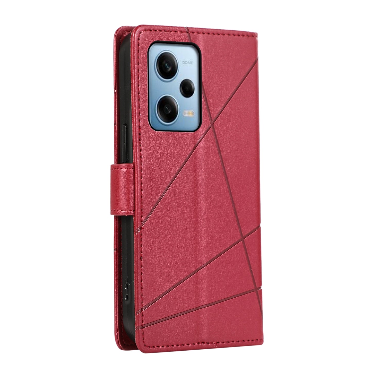 Xiaomi Redmi Note 12 Pro 5G PU Genuine Leather Texture Embossed Line Phone Case with Card Wallet, Kickstand & Wrist Strap