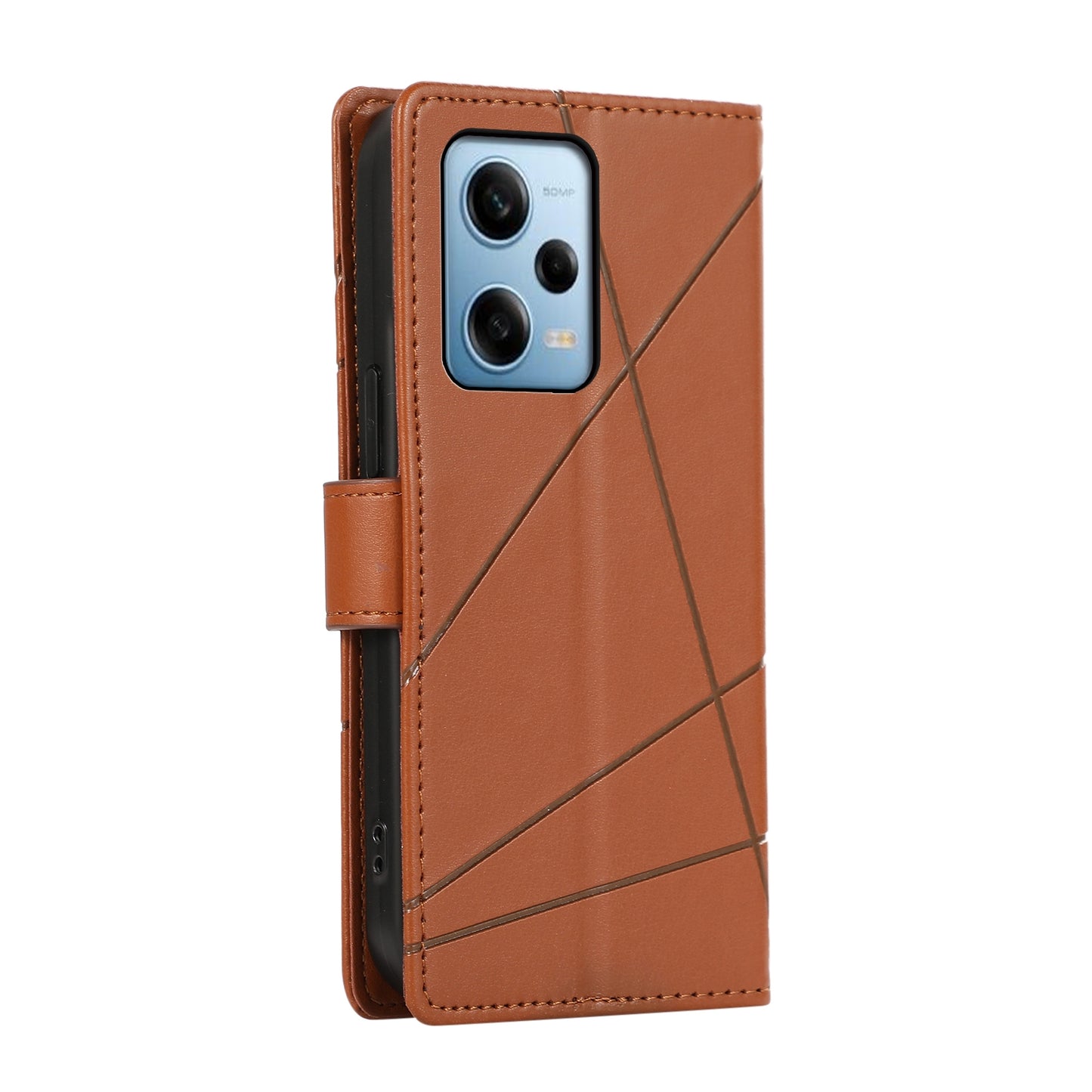 Xiaomi Redmi Note 12 Pro 5G PU Genuine Leather Texture Embossed Line Phone Case with Card Wallet, Kickstand & Wrist Strap