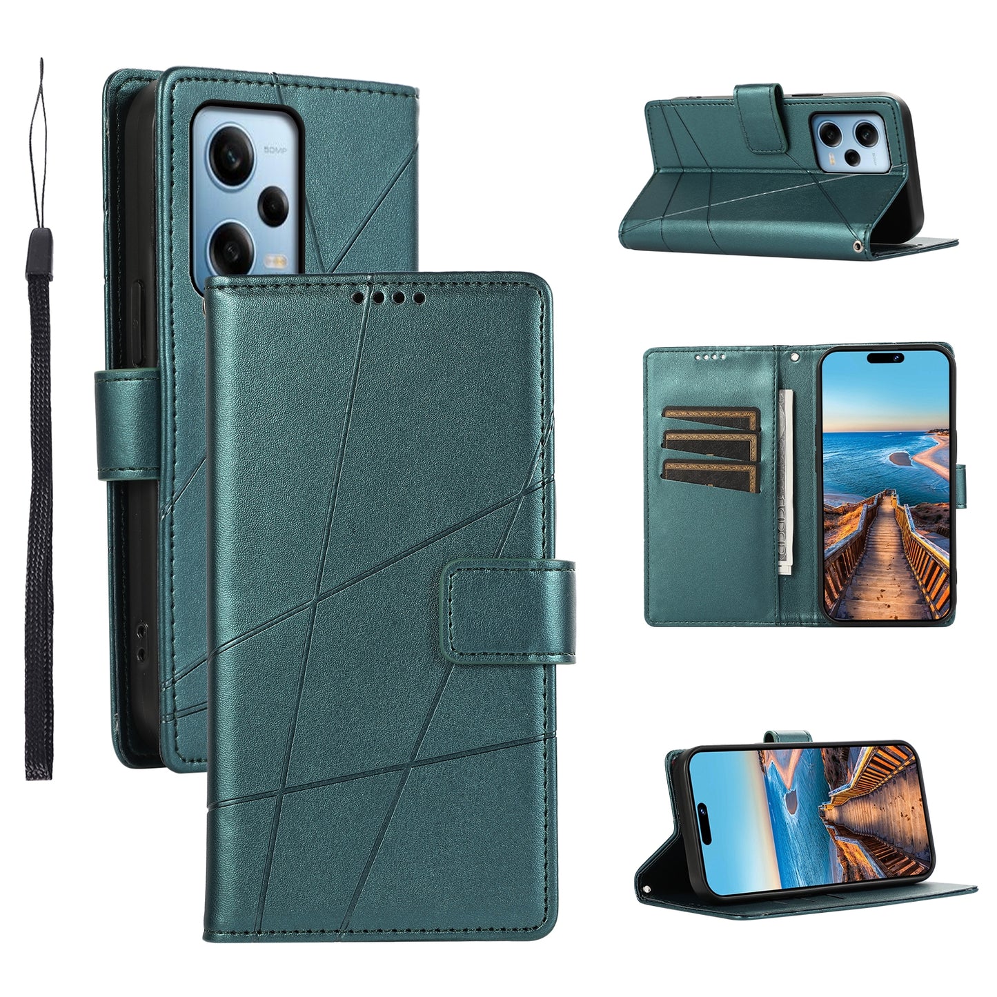 Xiaomi Redmi Note 12 Pro 5G PU Genuine Leather Texture Embossed Line Phone Case with Card Wallet, Kickstand & Wrist Strap