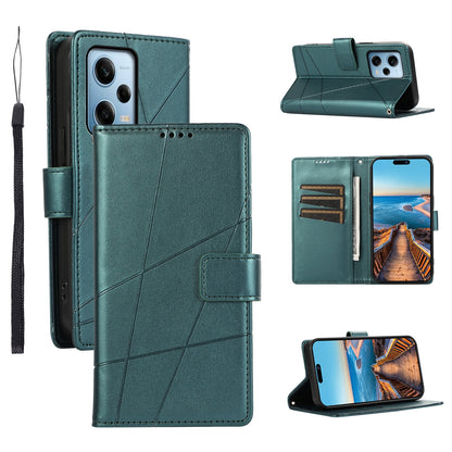Xiaomi Redmi Note 12 Pro 5G PU Genuine Leather Texture Embossed Line Phone Case with Card Wallet, Kickstand & Wrist Strap