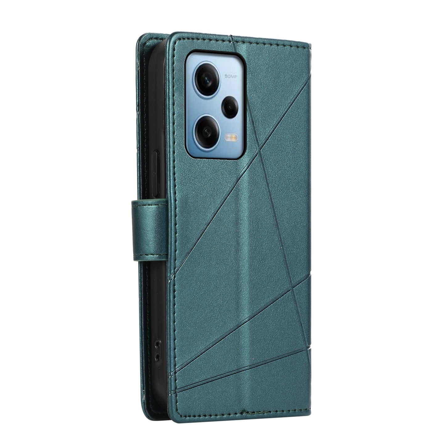 Xiaomi Redmi Note 12 Pro 5G PU Genuine Leather Texture Embossed Line Phone Case with Card Wallet, Kickstand & Wrist Strap